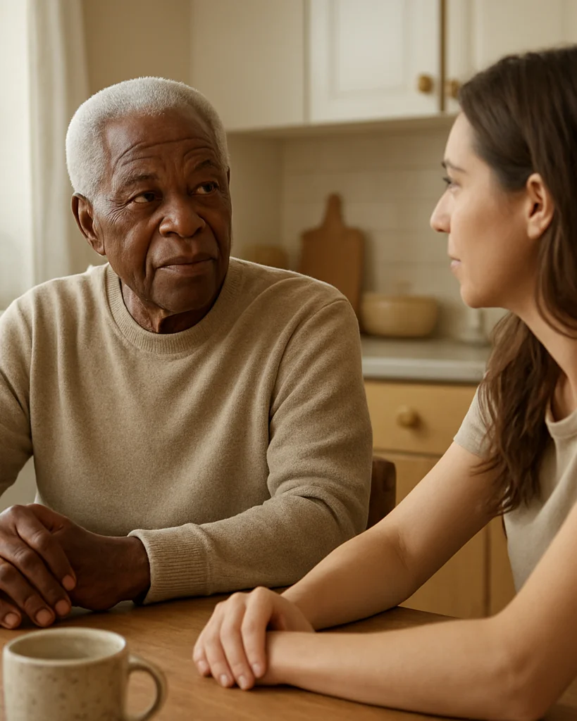 Candid, eye-level environmental portrait of an older adult in conversation with a younger neighbor at a sunlit kitchen t