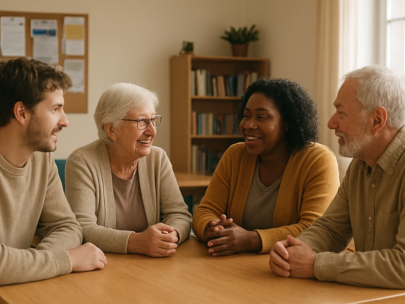 Eye-level candid photograph of four people of mixed ages seated around a wooden table in a bright community room, mid-co