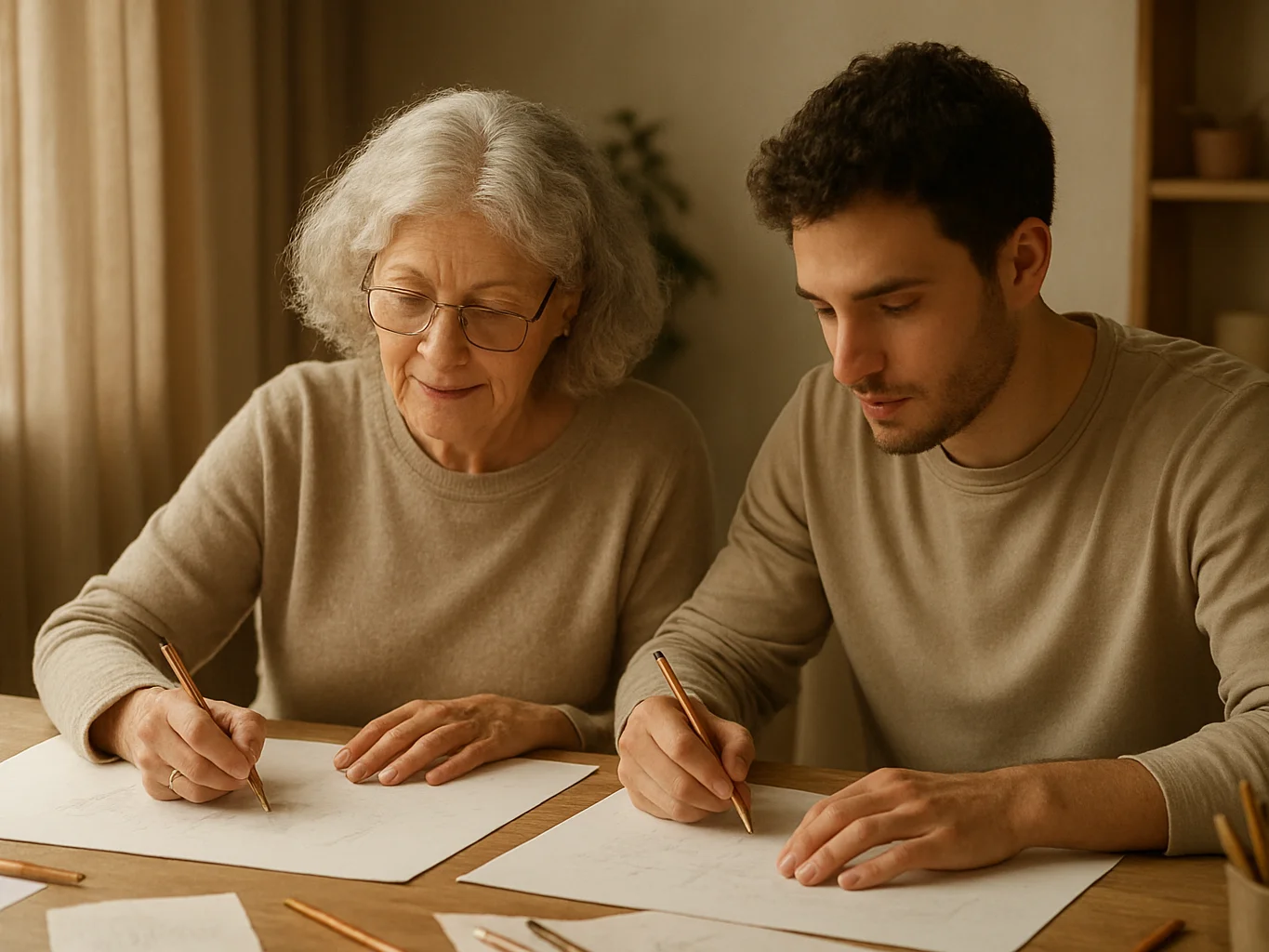 Candid environmental view of an older woman and a younger man sketching together at a shared table covered with paper an