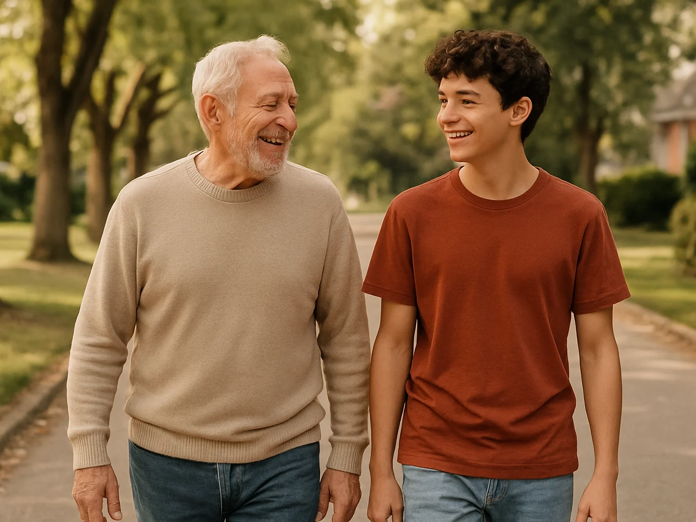 Candid eye-level portrait of an older man and a teenager walking side by side along a tree-lined neighborhood path, talk